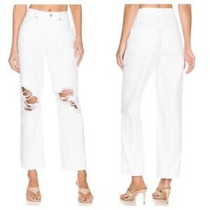 Good American NWT 90’s Duster Natural Fray Straight Leg Jeans in White Size 18